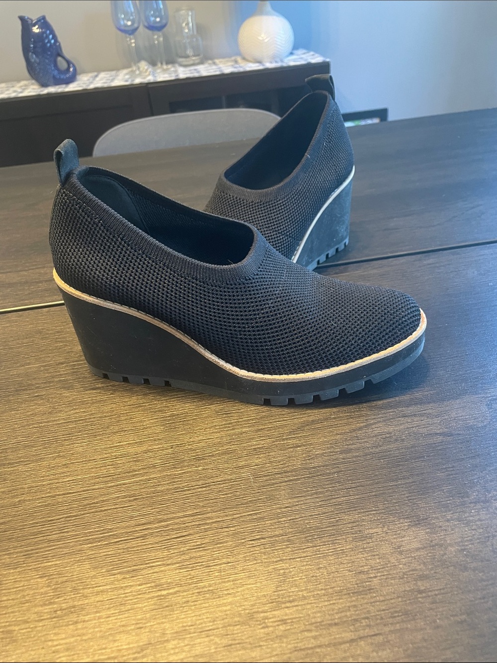 Eileen Fisher Black Knit Slip-On Wedge Sneakers with Tan Trim